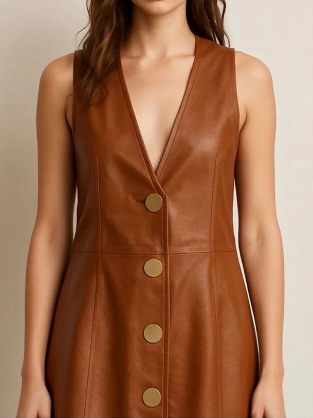 Zara Brown Faux Leather Button-Front Vest Pinafore Dress Size XS - Picture 2 of 15